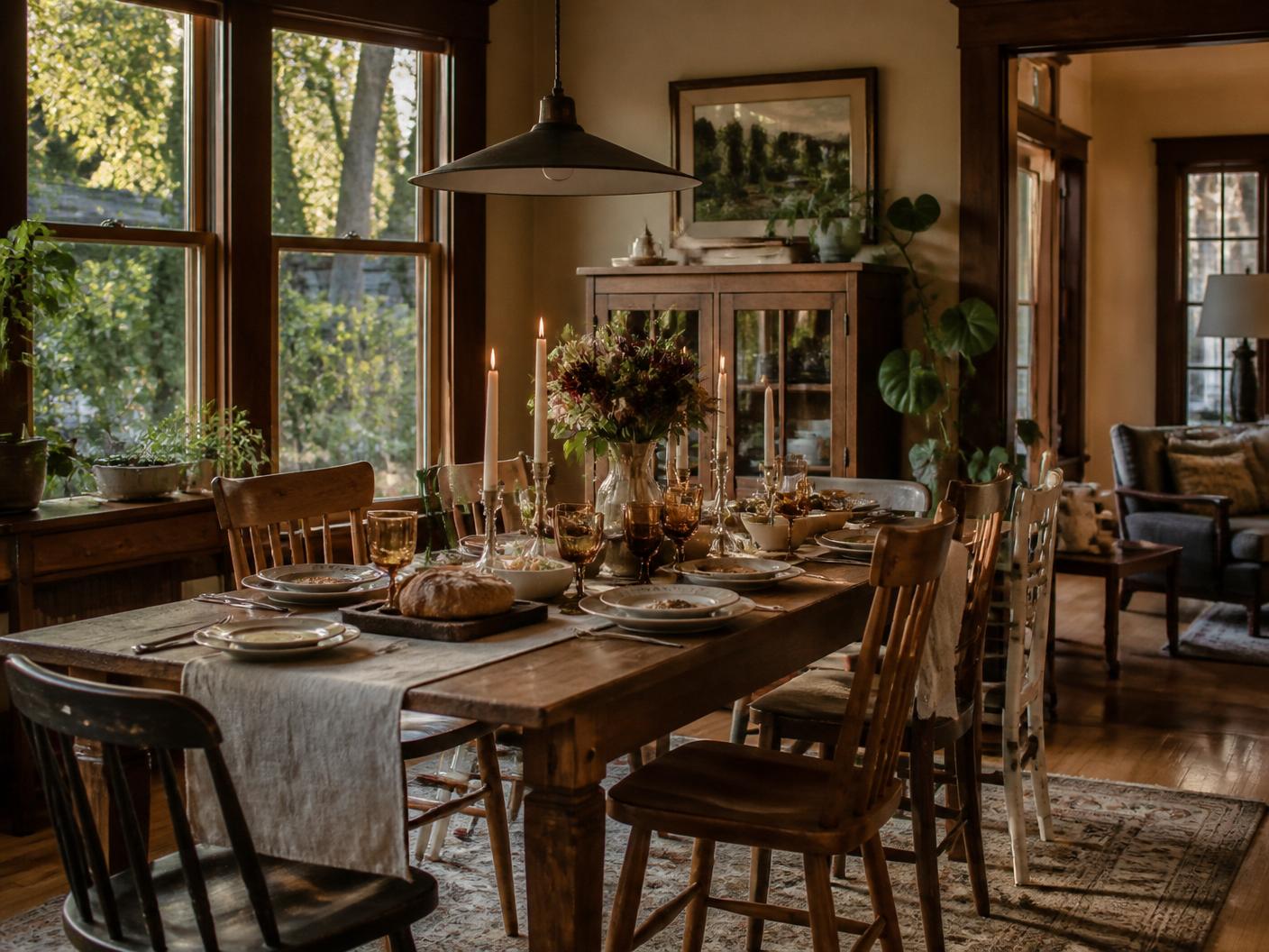 Long wooden dining table set for a shared home-cooked meal
