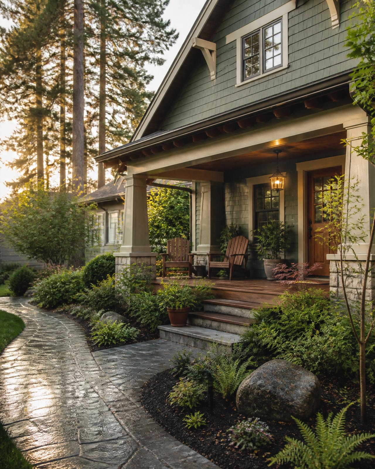 Craftsman home exterior with a large covered front porch, stone path and Oregon fir trees